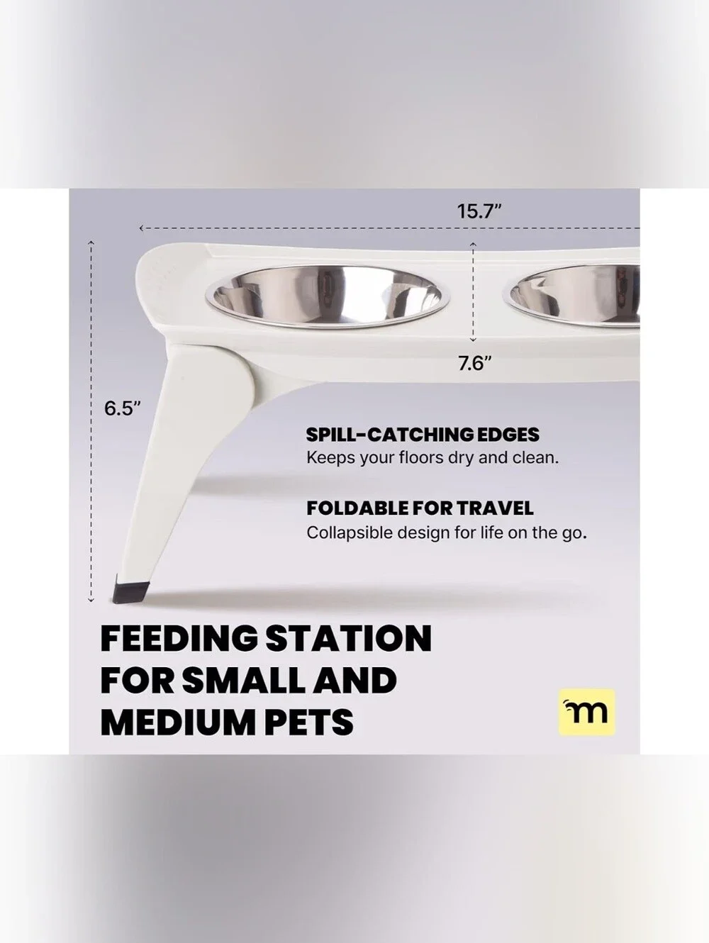Elevated Double Pet Feeder with Stainless Steel Bowls - White